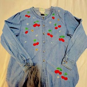 Denim blouse oriented with cherries front and back